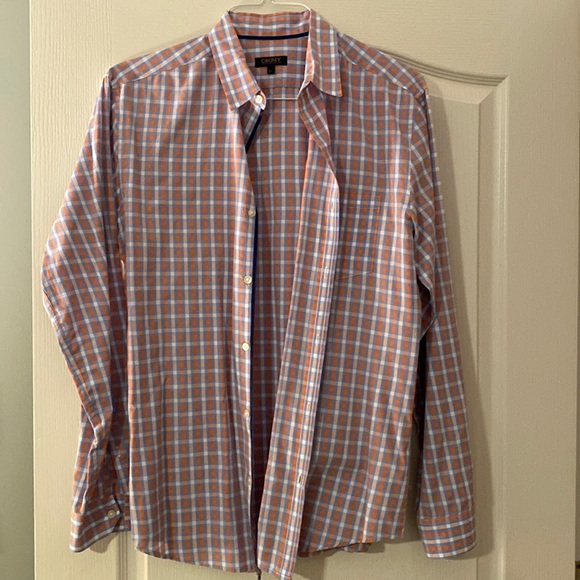 Medium DKNY light blue and orange checkered button down shirt. - Picture 1 of 1